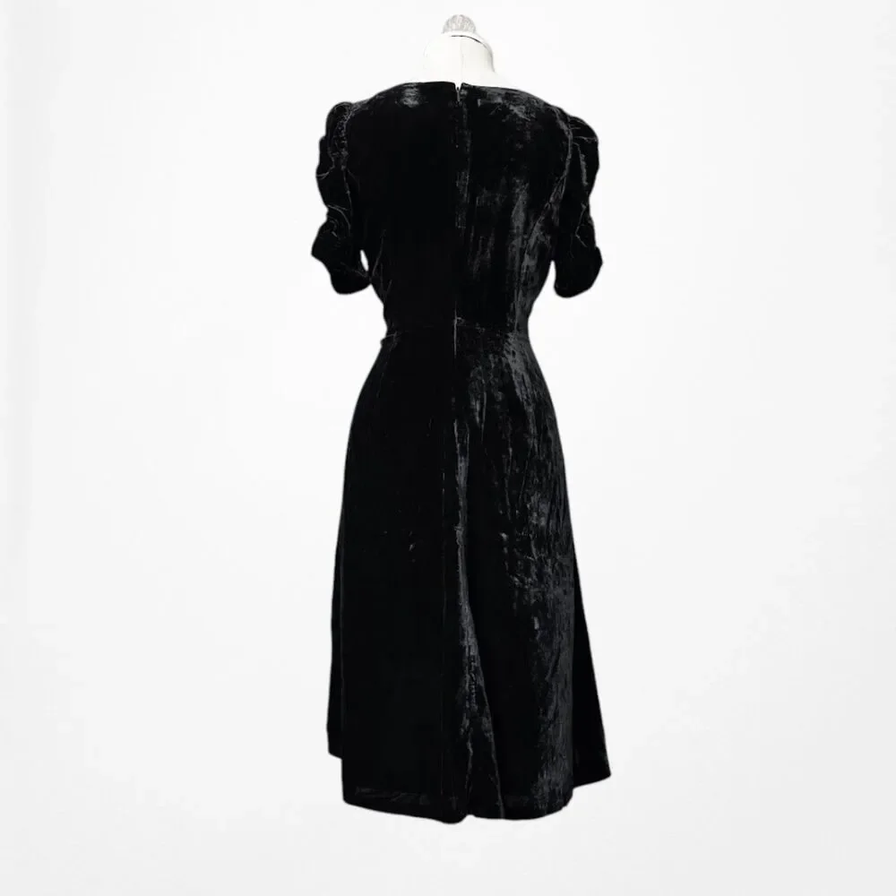 Vintage Y2K Talbots Black Velvet V-Neck Puffy Sleeve Flared Cocktail Dress M
